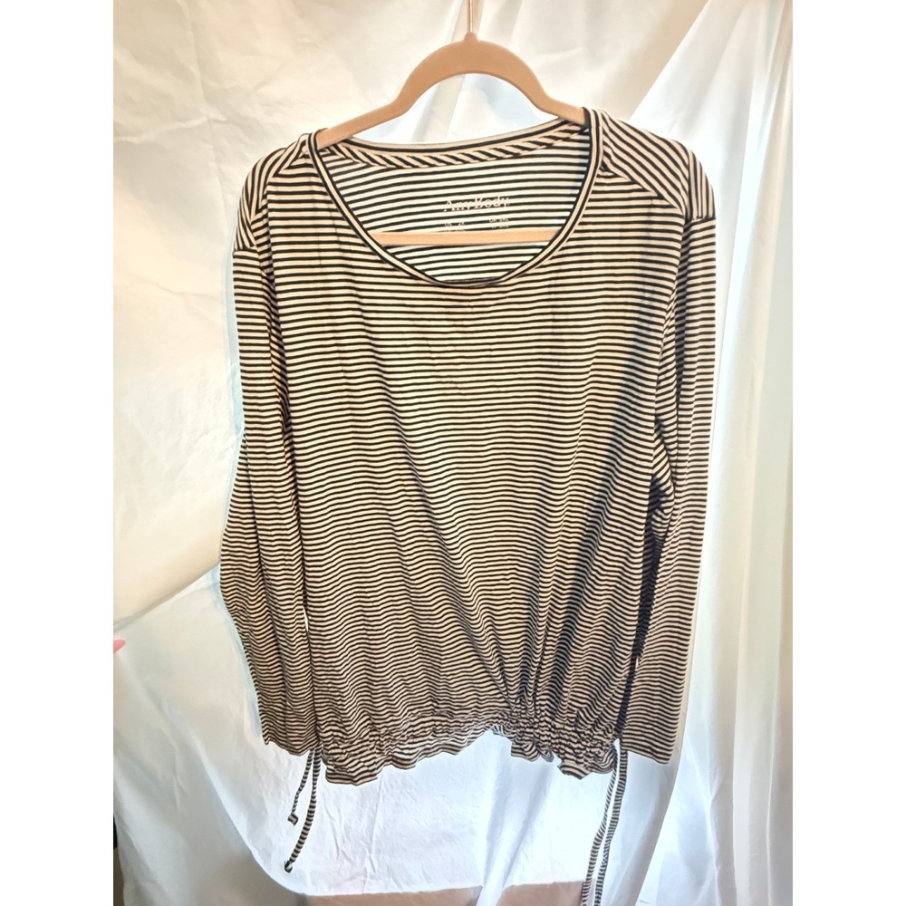 AnyBody Womens 2X Black White Striped Long Sleeve Cinched Drawstring Hem Top‎